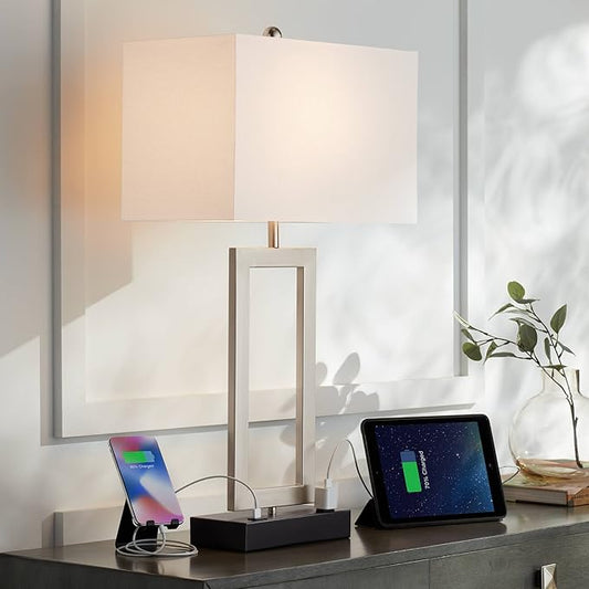360 Lighting Todd Modern Table Lamp with Hotel Style USB and AC Power Outlet in Base 30" Tall Brushed Nickel Rectangle White Shade for Living Room Bedroom House Bedside Nightstand Home