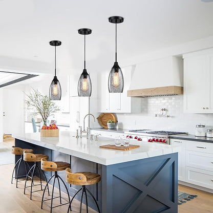 Mini Glass Pendant Light,4.72" Black Glass Hanging Light 3-Pack Handblown Clear Black Seeded Shade Adjustable Cord Ceiling Light Fixture for Kitchen Island Sink