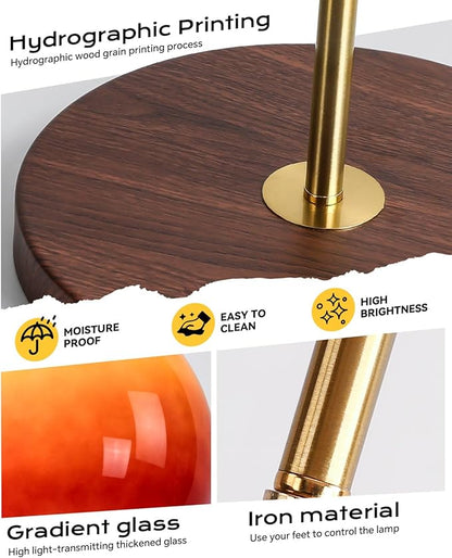 Orange Mushroom Floor Lamp, Vintage Floor Lamp with Gradient Glass Shade & Walnut Color Finish - Mid Century Modern Brushed Gold Standing Lamp for Living Room, Bedroom, Office