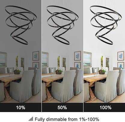 Elegant 5-Rings Black Modern LED Chandelier – Fully Dimmable High Ceiling Pendant Light for Dining Room, Living Room, Foyer & Staircase (Warm White 3000K, Adjustable Size 15.7"-31.4")