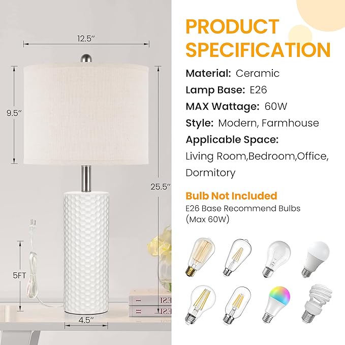 GGOYING 25.6'' Modern Ceramic Table Lamp Set of 2, Nightstand Desk Lamp No Bulb Included, Farmhouse Bedside Lamps for Bedroom, Living Room, Office