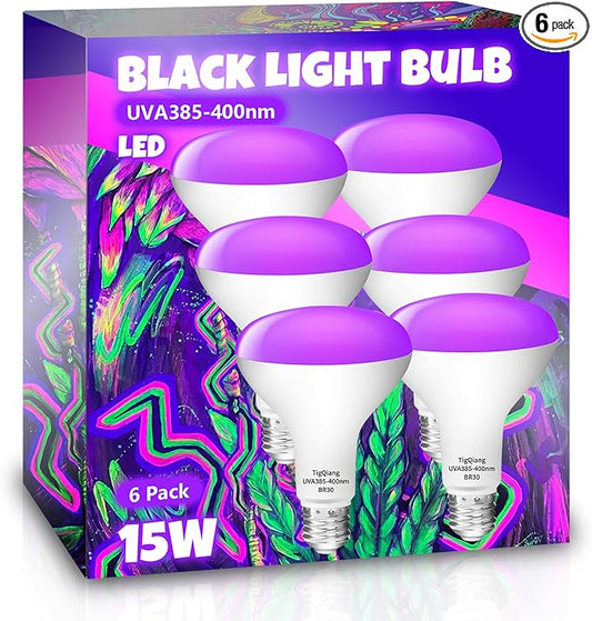 White Casing Black Light Bulbs, Blacklight Bulb 6 Packs, 120W Equivalent, E26 BR30 LED Black Light Bulb 385-400nm for Halloween Christmas Decor, Body Paint, Glow Party, Fluorescent Poster