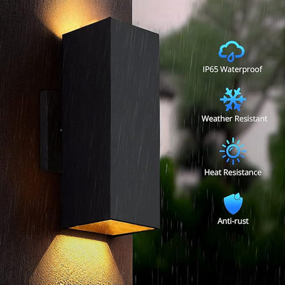 wowlite Outdoor Wall Lights Dusk to Dawn Sensor, 6000K Cool LED Up Down Sconce, IP65 Waterproof 13" Modern Square Matte Black Exterior Light Fixture Wall Mount for Porch Patio Garage, ETL Listed