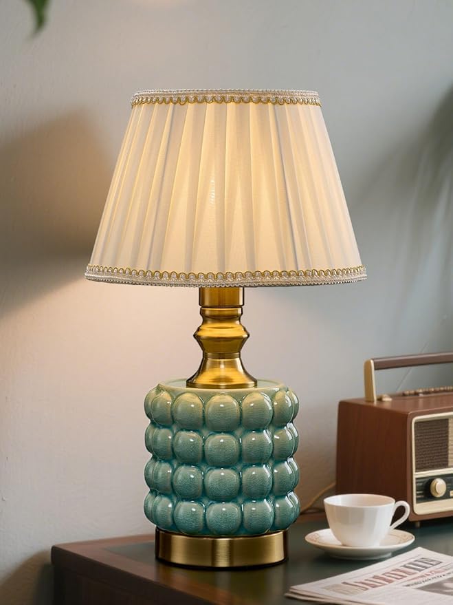 Vintage Lamp for Bedroom,Unique Lamps Cracked Ceramic lamp,UL Rotary Switch Control Pleated lamp Shade,Small Table lamp for Living Room Decor Kitchen Lighting (Blue+Pleated)