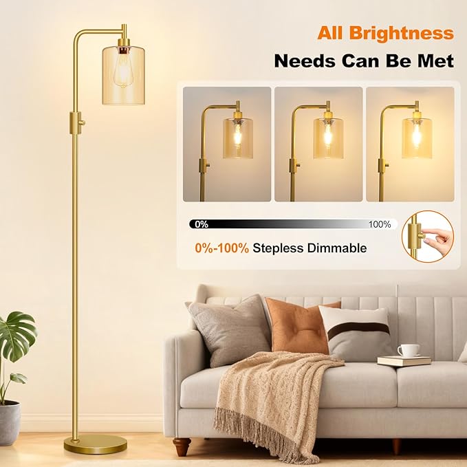 【Upgraded】Gold Dimmable Floor Lamp for Living Room with Amber Glass Lampshade, Glass Modern Floor Lamp with 900LM Bulb Included, Bright Standing Tall Lamp for Bedroom, Office, Reading Room, Corner