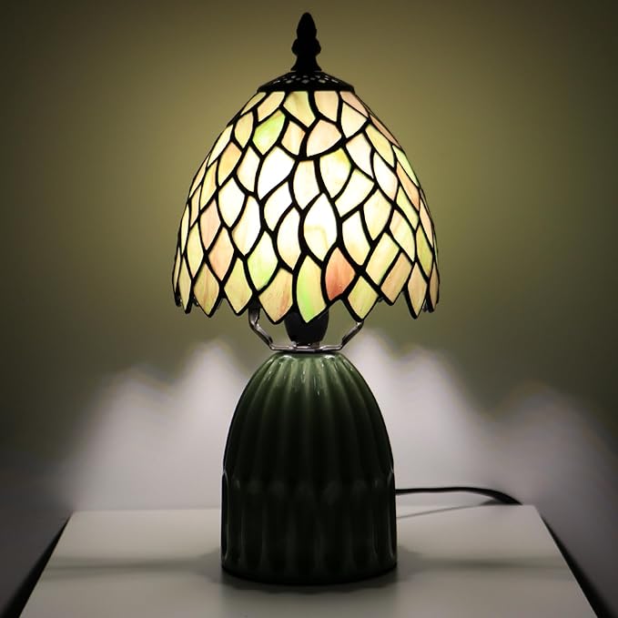 Tiffany Lamp Stained Glass Mushroom Table Lamps 6X6X12.5 Inch Brownish Green Leafage Style Small Night Light Ceramic Base Mini Accent Desk Light Suitable for Bedside Table Bedroom Children Room