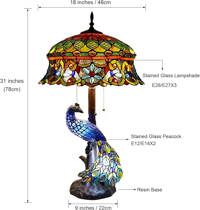 Large Tiffany Table Lamp 18" Wide Handmade Stained Glass Lamp Shade 3 Light Peacock Style Vintage Desk Light for Living Room Bedroom Bedside Reading Light,Hat