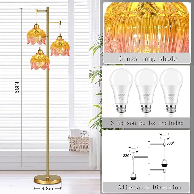 Glass Floor Lamp for Living Room,Bedroom,Gold Mid Century Modern Standing Lamp Brass Tree 3 Light Tall Floor Lamps Vintage Retro Floor Lights Flower Lamp Shade Farmhouse Boho Bohemian