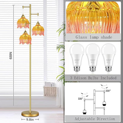 Glass Floor Lamp for Living Room,Bedroom,Gold Mid Century Modern Standing Lamp Brass Tree 3 Light Tall Floor Lamps Vintage Retro Floor Lights Flower Lamp Shade Farmhouse Boho Bohemian