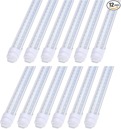 R17d Rotatable HO base V shaped 65W 8 Foot Led Lulbs Double Row,Need Bypass Ballast,Replace 150W Fluorescent Shop Lights Dual-Ended Power, Cold White 6000K,clear Cover, AC 90-277V Pack of 12