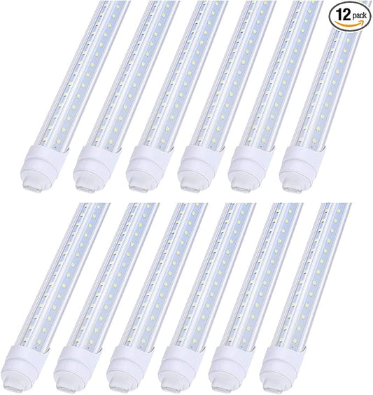 R17d Rotatable HO base V shaped 65W 8 Foot Led Lulbs Double Row,Need Bypass Ballast,Replace 150W Fluorescent Shop Lights Dual-Ended Power, Cold White 6000K,clear Cover, AC 90-277V Pack of 12
