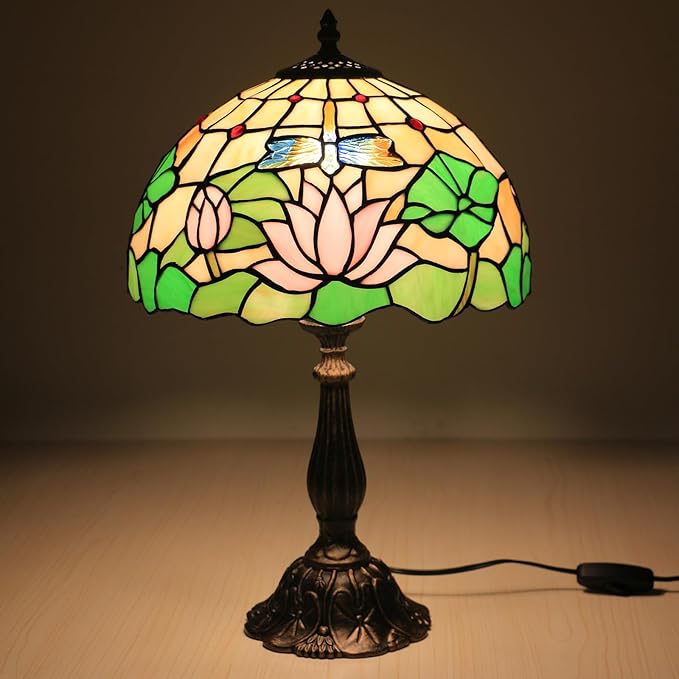 Tiffany Side Table Lamps for Living Room W/LED Bulb Lotus Flower Stained Glass Shade Bedside End Table Lamp 12X12X19Inch Desk Lamps for Home Office Classic Farmhouse Reading Table Lamps