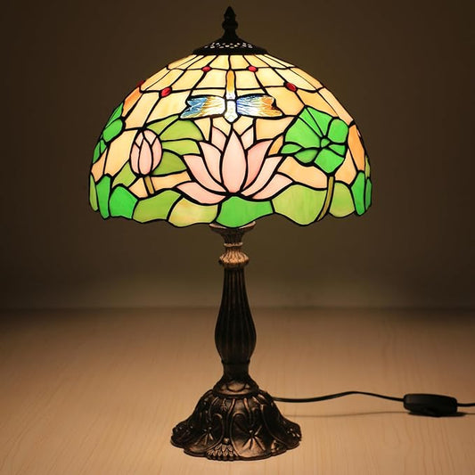 Tiffany Side Table Lamps for Living Room W/LED Bulb Lotus Flower Stained Glass Shade Bedside End Table Lamp 12X12X19Inch Desk Lamps for Home Office Classic Farmhouse Reading Table Lamps