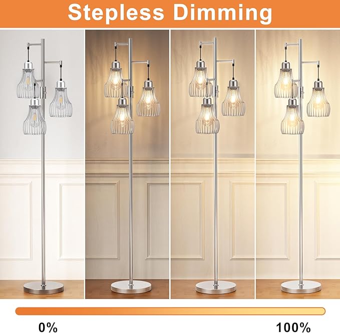 Dimmable Floor Lamp, 3 x 800LM LED Edison Bulbs Included, Farmhouse Industrial Floor Lamp Standing Tree Lamp with Elegant Cage Tall Lamps for Living Room Bedroom Office - Silver