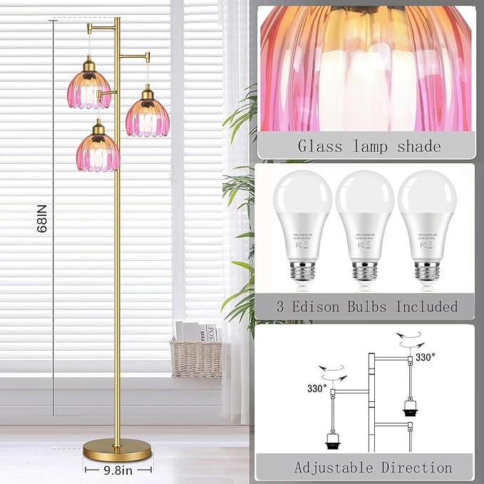 Floor Lamp for Living Room,Bedroom,Gold Mid Century Modern Standing Lamp Brass Tree 3 Light Tall Floor Lamps Vintage Retro Floor Lights Glass Flower Lamp Shade Farmhouse Boho Bohemian
