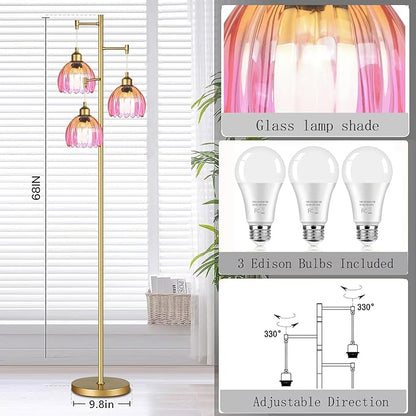 Floor Lamp for Living Room,Bedroom,Gold Mid Century Modern Standing Lamp Brass Tree 3 Light Tall Floor Lamps Vintage Retro Floor Lights Glass Flower Lamp Shade Farmhouse Boho Bohemian