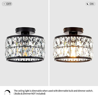 Crystal Ceiling Light Fixture, Modern Semi Flush Mount Ceiling Light,Crystal Chandelier for Kitchen Bedroom Bathroom Entryway, Black Finish