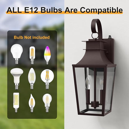 Outdoor Wall Sconces 2-Light, 20.98" Waterproof Wall Lantern Exterior Wall Mount with Tempered Glass, Oil Rubbed Bronze Dusk to Dawn Outdoor Lighting for Patio, Front Door, Garage