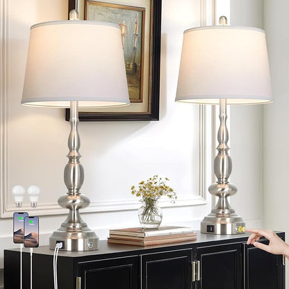 29" Tall Modern Silver Table Lamps Set of 2, 3-Way Dimmable Touch Living Room Lamp with USB A+C Charging Port, Brushed Nickel Metal Farmhouse Bedside lamp for Bedroom Nightstand Side Table Desk Office