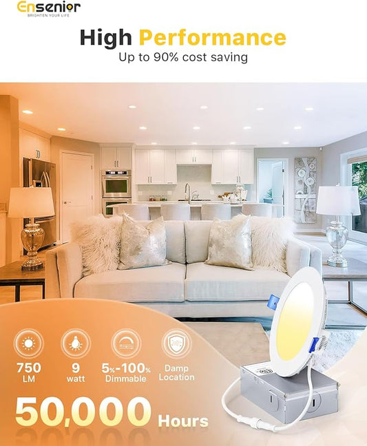 Ensenior 48 Pack 4 Inch LED Recessed Light, Dimmable, 2700K-5000K 5CCT, 750LM High Brightness, 9W 120V, Damp Rated, Ultra-Thin Canless Wafer Ceiling Light - ETL & FCC & IC