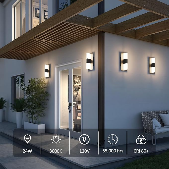 12.4 inches Outdoor Led Wall Light, 30W 3000K Hardwired Porch & Patio Aluminum Sconces with Frosted Acrylic Lampshade,IP65 Waterproof Exterior Wall Lamp for Garage,Front Door(Black,2Pack)