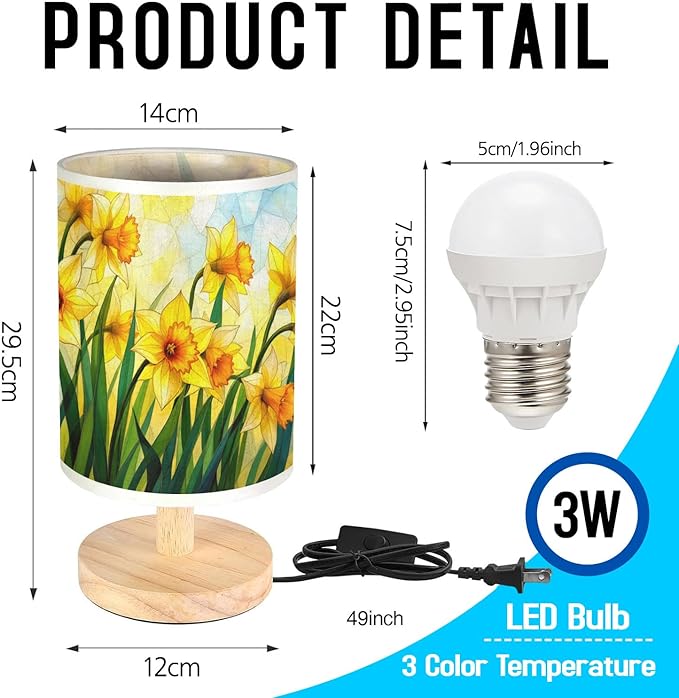 Daffodil Table Lamp LED 3-Color Pressed Bedside, Daffodil Shade Lamp with Wood Base for Bedroom Living Room Desk Office