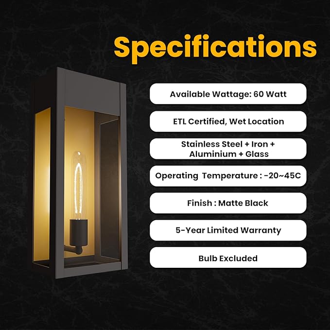 LEDMyplace Outdoor Sconce Light - 60W Dimmable Black Outdoor Wall Sconce with Clear Glass Panels - E26 Socket, 680 Lumens, High CRI, IP65, ETL Listed, Modern Exterior Light Fixture (18" H x 7.5" W)
