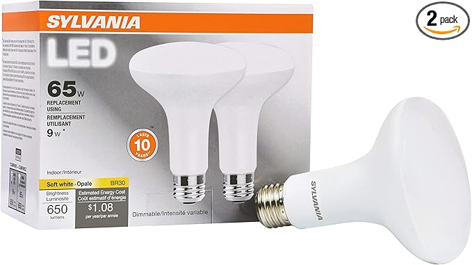 Sylvania LED Flood BR30 Light Bulb, 65W Equivalent Efficient 9W, 10 Year, 650 Lumens, Dimmable, 2700K, Soft White - 2 Pack (73954)