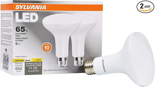 Sylvania LED Flood BR30 Light Bulb, 65W Equivalent Efficient 9W, 10 Year, 650 Lumens, Dimmable, 2700K, Soft White - 2 Pack (73954)