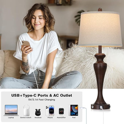 30" Brown Touch Table Lamps Set of 2, 3-Way Bedside Lamp with USB A+C Ports and AC Outlet, Tall Living Room Lamps for End Table, Modern Metal Bedroom Lamp for Night Stand