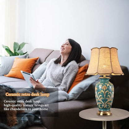 28.3” Green Tall Table Lamp chinoiserie Ceramic Table Lamp Colored Flower and Bird Decoration and Branch Bell Shade Decor Classic Traditional Bedside Desk Nightstand Lamp for Bedroom Living Room