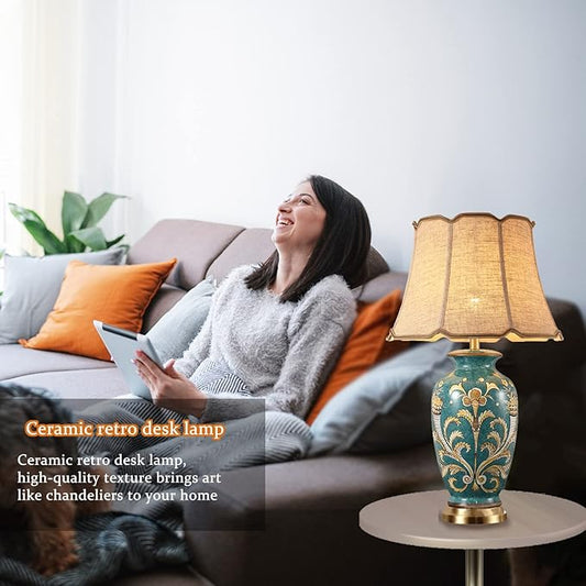 28.3” Green Tall Table Lamp chinoiserie Ceramic Table Lamp Colored Flower and Bird Decoration and Branch Bell Shade Decor Classic Traditional Bedside Desk Nightstand Lamp for Bedroom Living Room