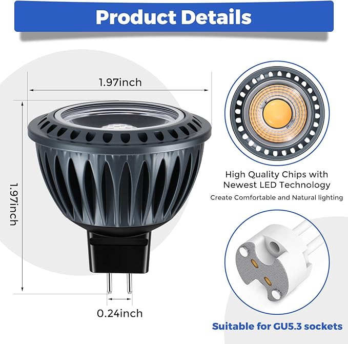 Gardencoin MR16 LED Light Blub, 5W 5000K Daylight White 450 Lumens Dimmable, Aluminum Housing, Low Voltage 12V Input,GU5.3 bi-pin Light Bulbs for Landscape &Accent Lighting, Indoor/Outdoor Use,6-Pack