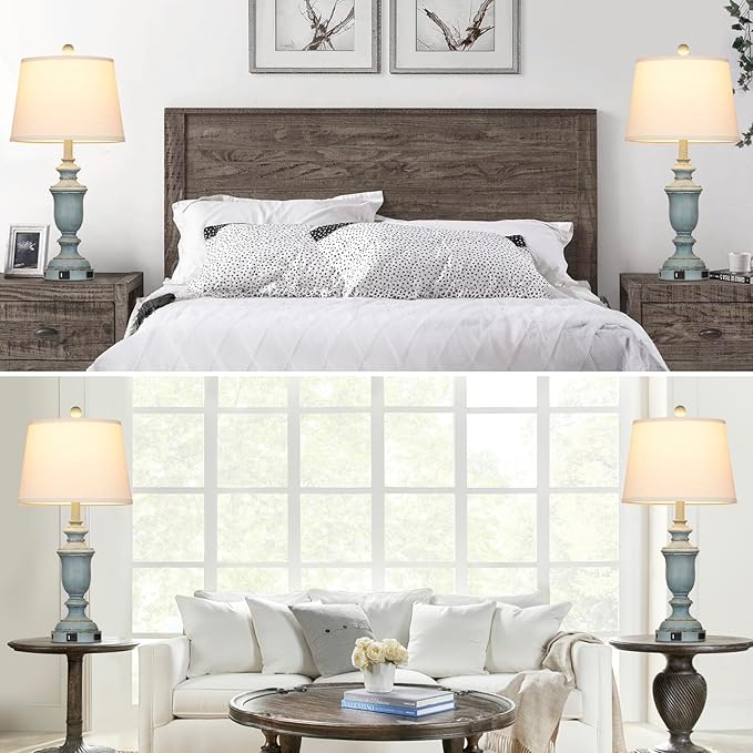 25.6" Blue Table Lamps Set of 2 with USB C+A Ports & AC Outlet for Coastal Living Room Bedroom,3-Way Dimmable Farmhouse Touch Lamp Bedside Lamps for Nightstand,Retro Blue