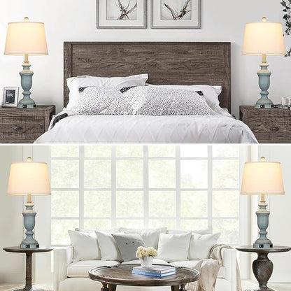 25.6" Blue Table Lamps Set of 2 with USB C+A Ports & AC Outlet for Coastal Living Room Bedroom,3-Way Dimmable Farmhouse Touch Lamp Bedside Lamps for Nightstand,Retro Blue