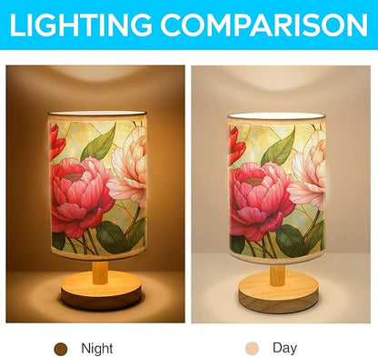 Peonies Table Lamp LED 3-Color Pressed Bedside, Peonies Shade Lamp with Wood Base for Bedroom Living Room Desk Office