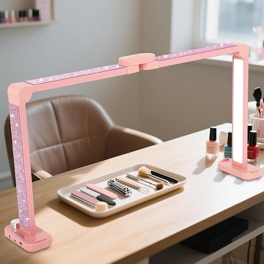 FAHKNS Large Half-Moon Light for Nail Desk, 34IN Foldable LED Lamp with Phone Holder, 3000-6000K Color Temperature, Stepless Brightness Adjustment, Nail Art, Tattooing, Pink with Diamonds