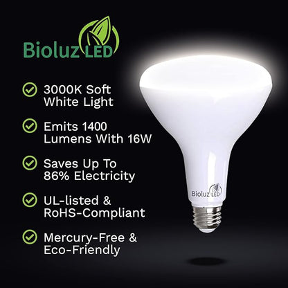 Bioluz BR40 LED Light Bulb - 90 CRI Dimmable Flood Light (16W) Soft White 3000K LED Bulbs - 110 Beam Angle Indoor & Outdoor Lighting - Pack of 8
