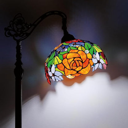Tiffany Floor Lamp Red Yellow Orange Rose Stained Glass Arched Lamp 12x18x70 Inches Antique Bronze Gooseneck Adjustable Corner Standing Light Decor Reading Space Living Bedroom Home Office