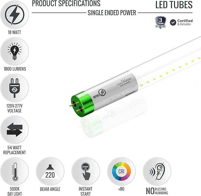 LEDMyplace 18W T8 4ft LED Glass Tube Light, Clear Lens, 5000K Daylight White, G13 Base, Single Ended Power, 1800 Lumens, Replacement of 50W for Garage, Supermarkets Shop, Pack of 30