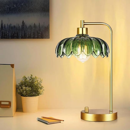 Glass Table Lamp Set of 2,Small Gold Bedside Lamps Dimmable Boho Bedroom Lamp with Tulip Flower Green Lamp Shade,Vintage Mid Century Modern Mini Nightstand Lamp for Bedroom Living Room