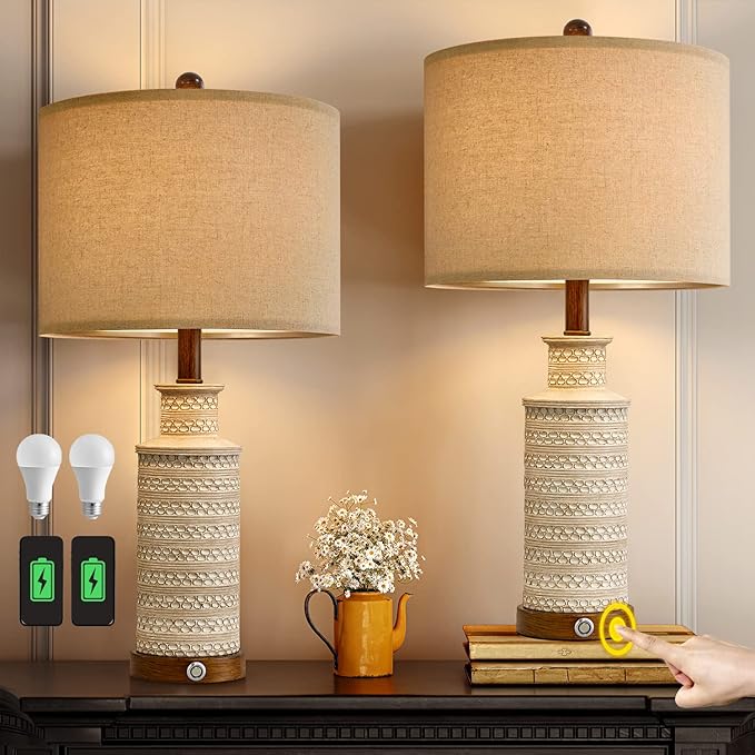 BOBOMOMO 24.5'' 3-Way Dimmable Touch Control Table Lamp Set of 2 with Dual USB Charging Ports for Bedroom Living Room Vintage Rustic Farmhouse Traditional Nightstand Bedside Lamps(Bulbs Included)