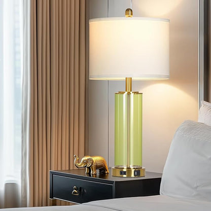 26" Green Glass Table Lamps for Bedside, Modern Living Room Lamps Set of 2, Elegant Coastal Bedroom Lamp with USB A+C Ports & AC Outlet, 3-Way Dimmable Touch Lamp for Nightstand Dining Table