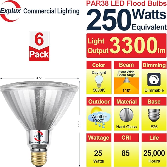 Explux 250 Watt Equivalent PAR38 LED Flood Light Bulbs, Super Bright 3300 Lumens, Dimmable, Full-Glass Outdoor Waterproof & Anti-Ageing, 5000K Daylight Spotlight, 6-Pack