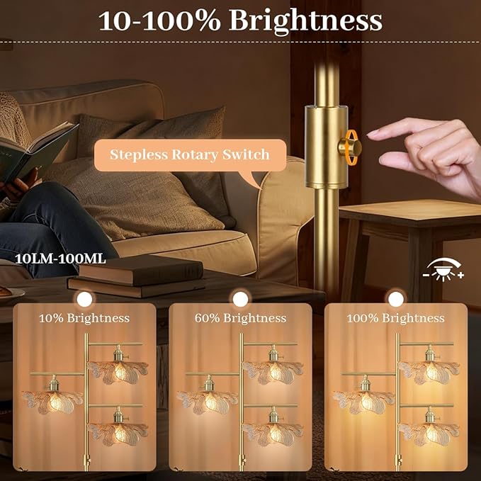 Gold Floor Lamps for Living Room Bedroom, Dimmable Tall Floor Lamp with Amber Glass Flower Shade, Mid Century Modern Standing Lamp for Office Corner Study