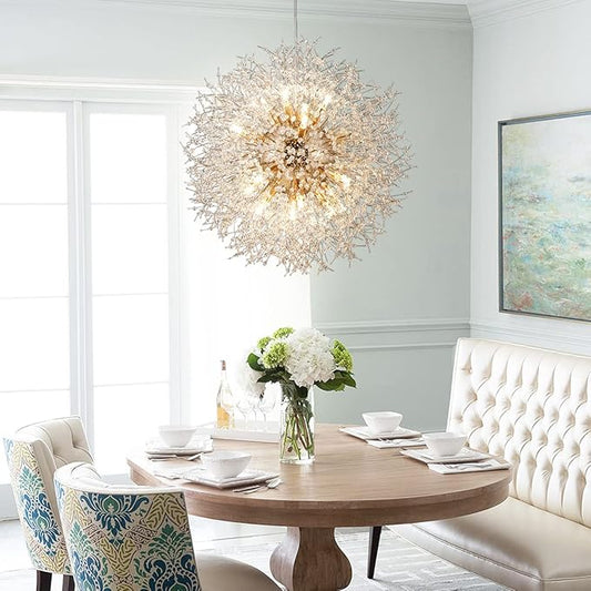 Dandelion Crystal Chandeliers, 16-Light Firework Pendant Light Fixtures in Gold, 80W Modern Crystal Sputnik Hanging Lights for Living Room Bedroom Hallway