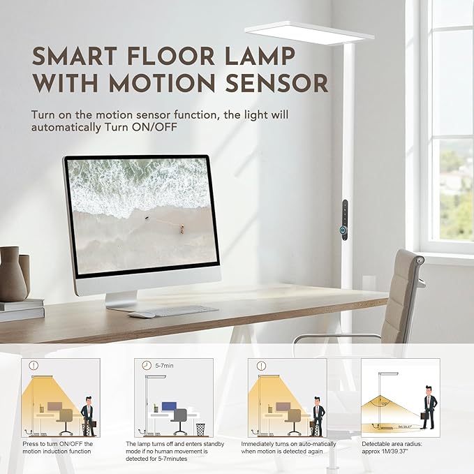 120W Led Floor Lamp, 10500LM Full Spectrum Eye Care Standing Lamp, 77" Motion Sensor Floor Lamps, Bright Reading Floor Lamp for Living Room, Study Room, Bedroom, Office, 4000K Natural Daylight