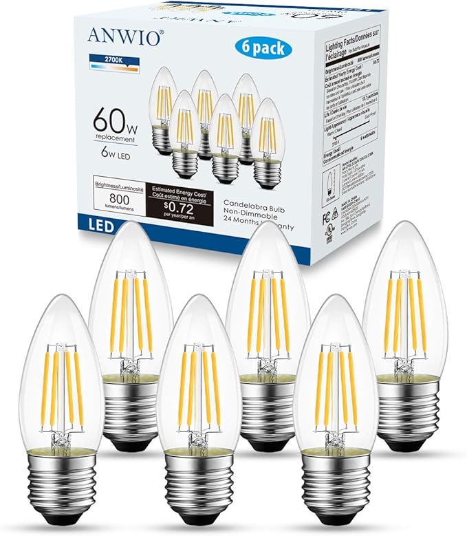 ANWIO B11 Filament Bulb E26 Base Non-Dimmable 6W(60W Equivalent) 2700K Warm White Chandelier Decorative Candle Light Bulb 6 Pack