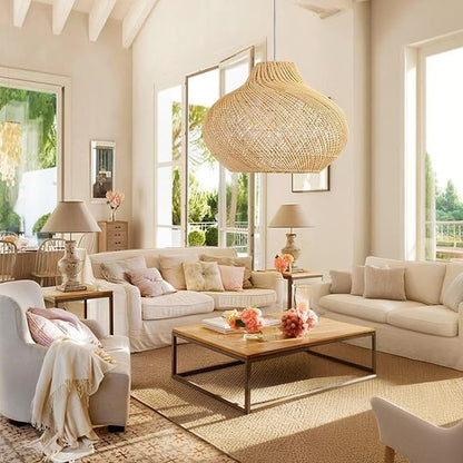 3-Light Rattan Pendant Light,18.9" Round Hanging Light,Wicker Pendant Light Hand-Woven Rattan Chandelier for Workplace Dining Living Bedroom Kitchen Farmhouse