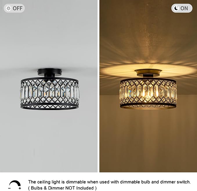 Crystal Ceiling Light Fixture, Modern Flush Mount Ceiling Light, Black Crystal Chandelier for Kitchen Bedroom Bathroom Entryway Hallway
